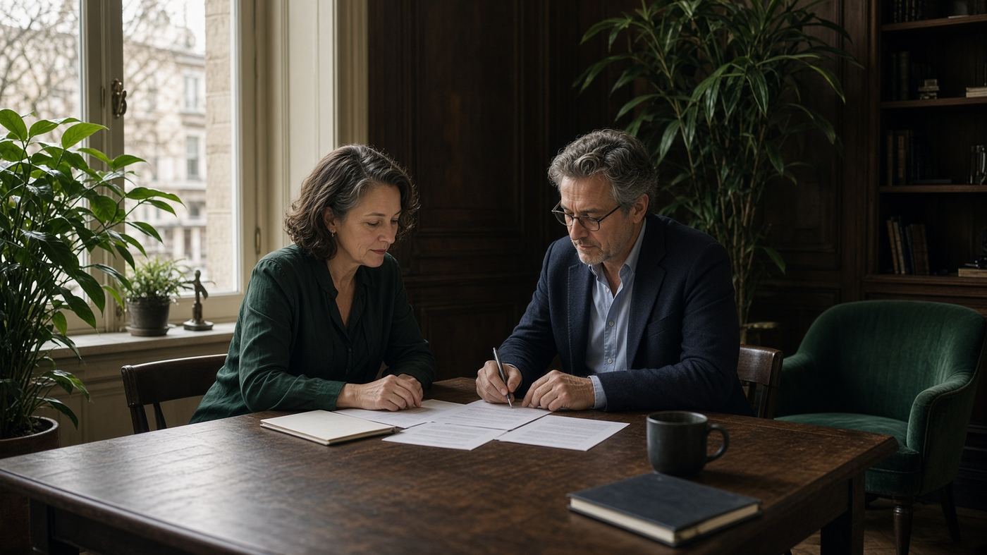 Entretien de travail dans un bureau bruxellois, lumière de fenêtre et notes sur la table
