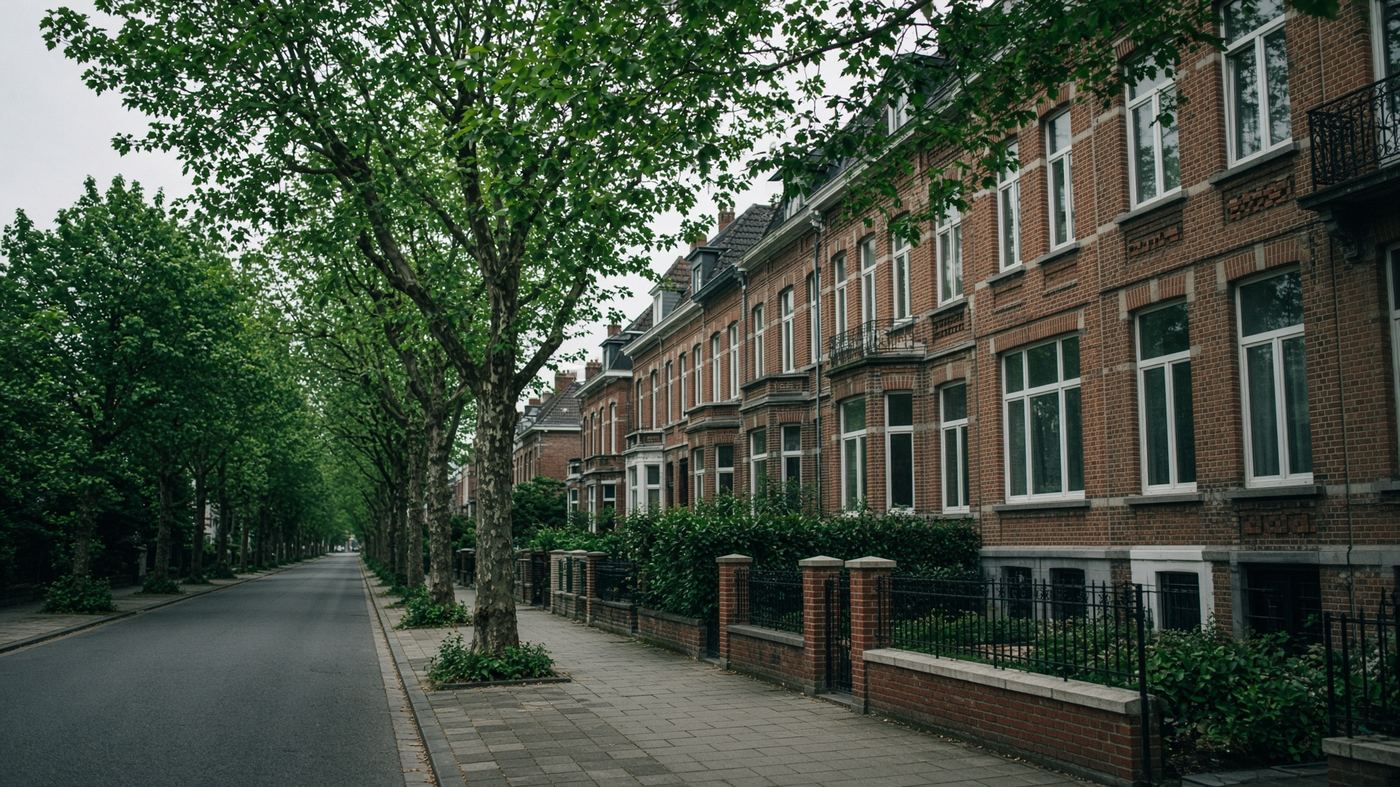 Rue résidentielle typique de Jette, maisons en brique et trottoirs plantés d’arbres