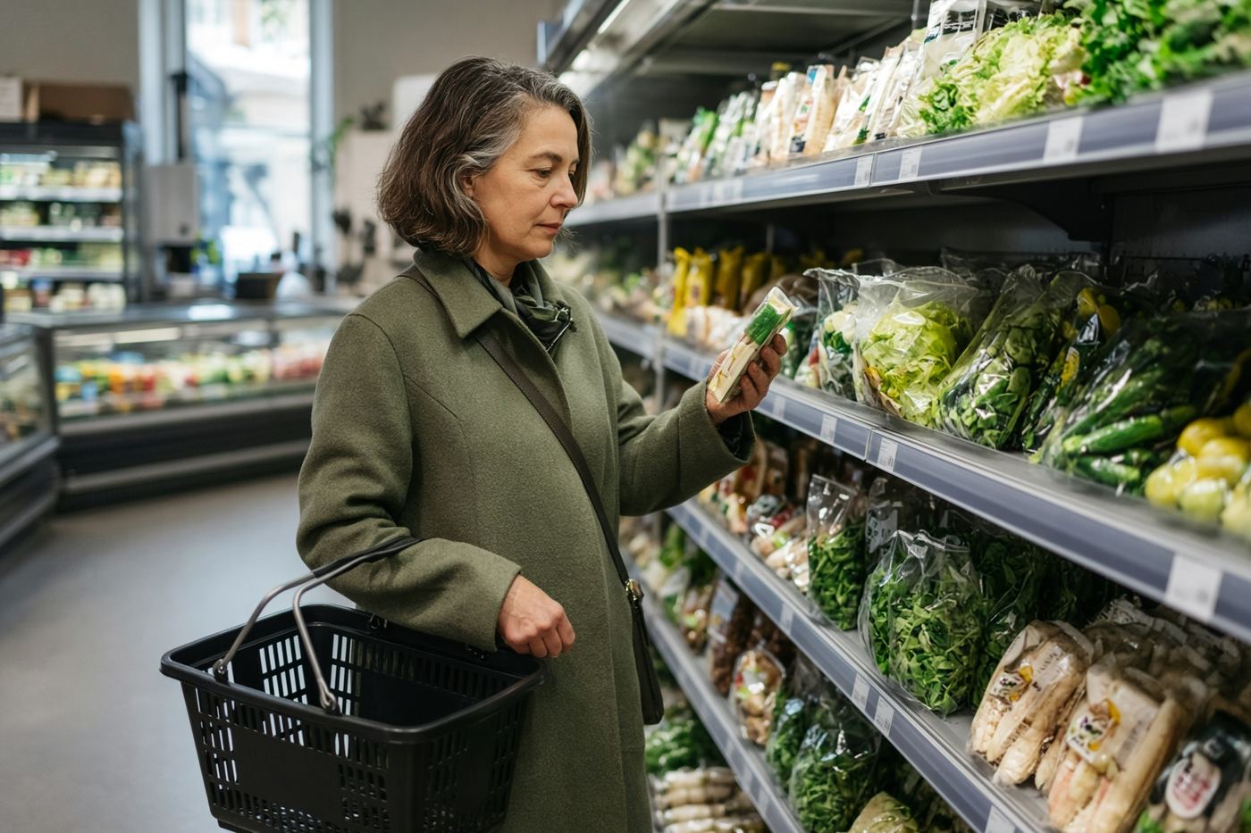Consommatrice observant un rayon de supermarché belge, panier à la main