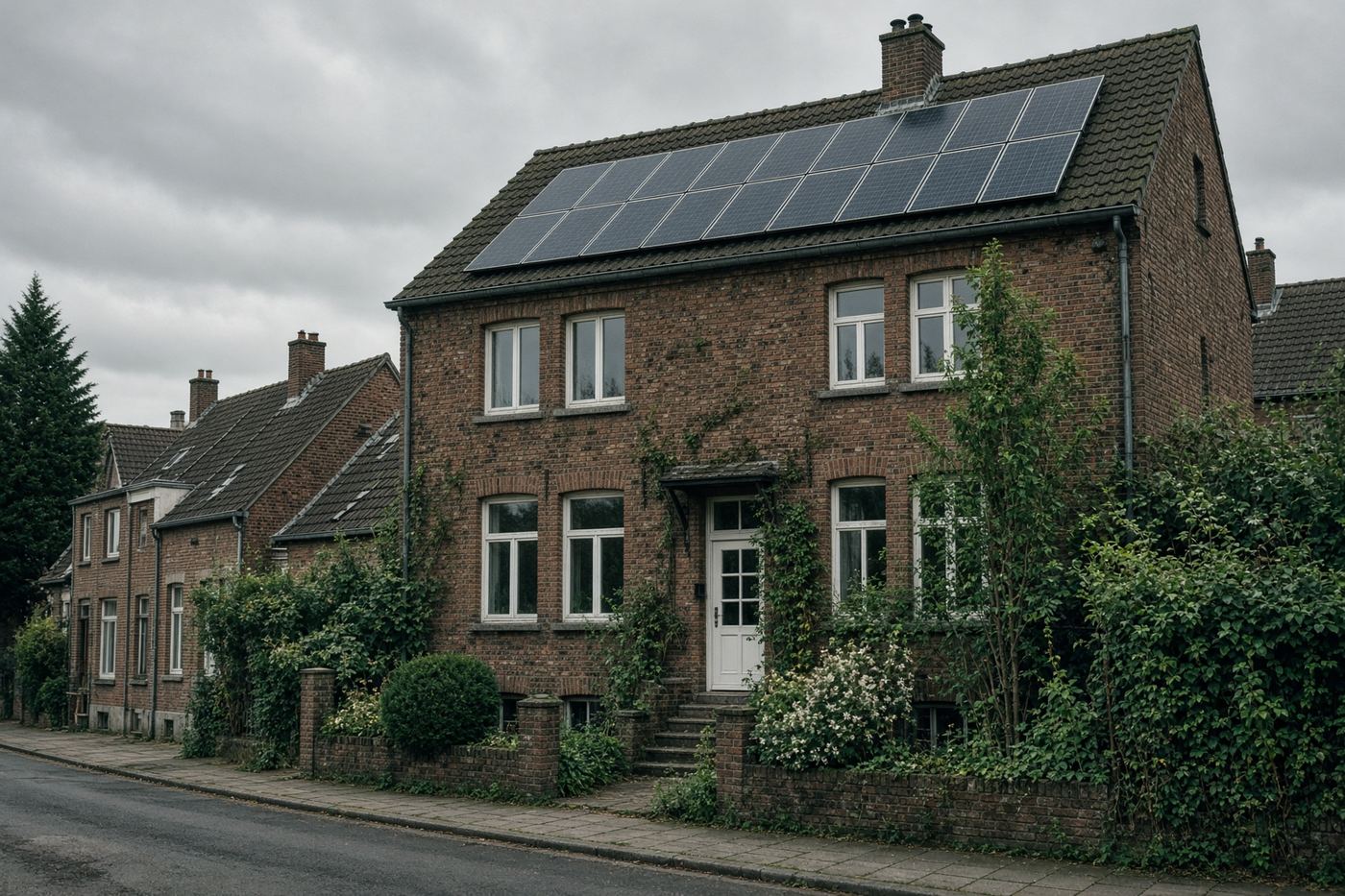 Maison en brique belge avec des panneaux photovoltaïques sur le toit