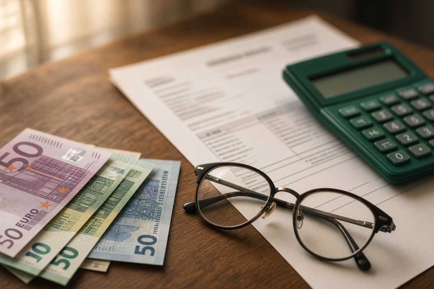 Billets en euros, calculatrice et facture d’énergie posés sur un bureau