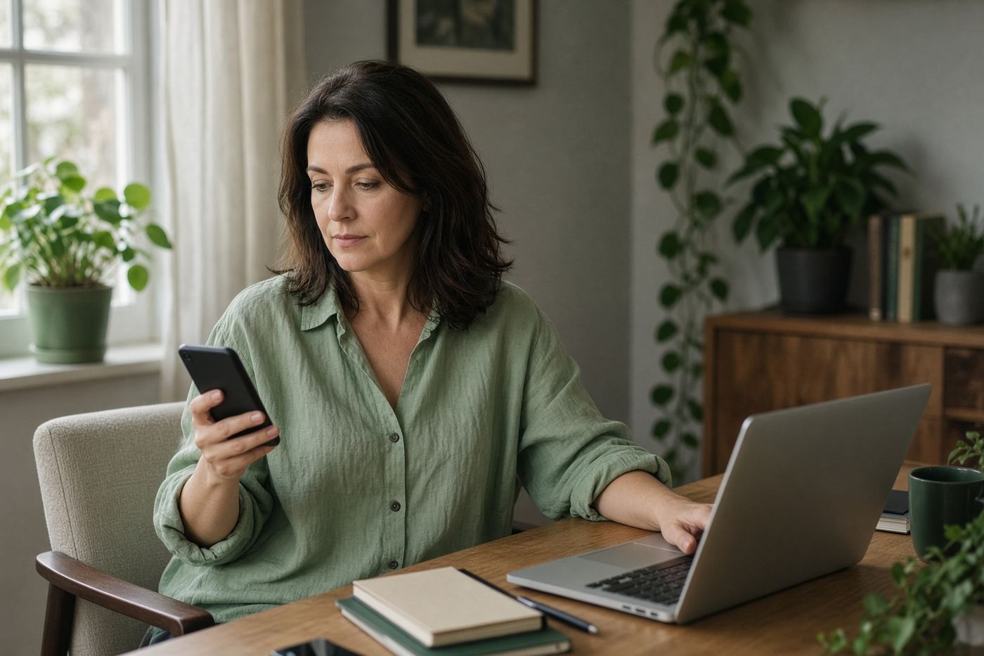 Femme consultant son téléphone et son ordinateur pour suivre des remises sur ses achats