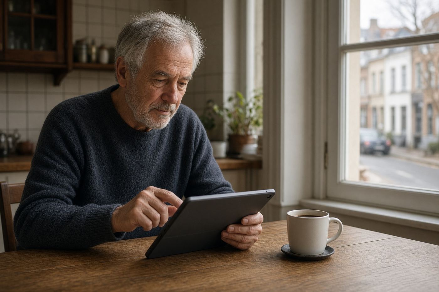 Homme d’une soixantaine d’années répondant à un questionnaire sur une tablette à la maison