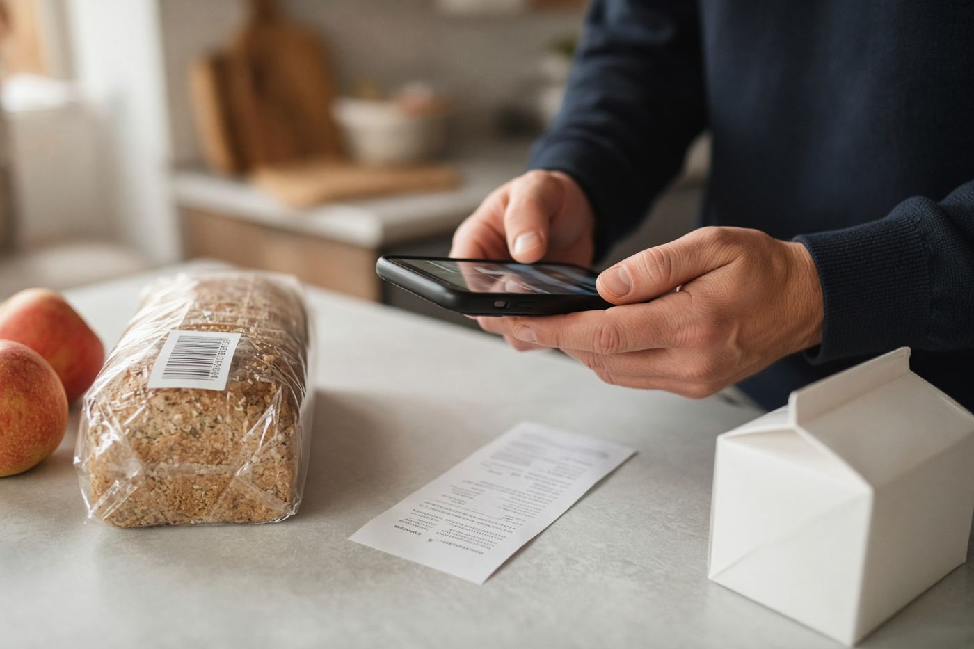 Mains scannant le code-barres d’un produit du quotidien avec un smartphone