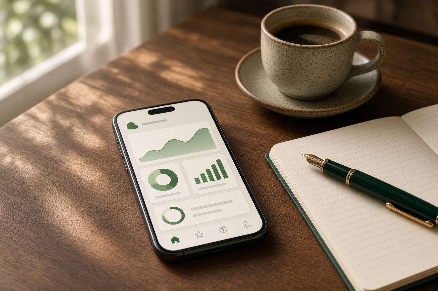 Smartphone posé sur un bureau affichant un tableau de bord de récompenses
