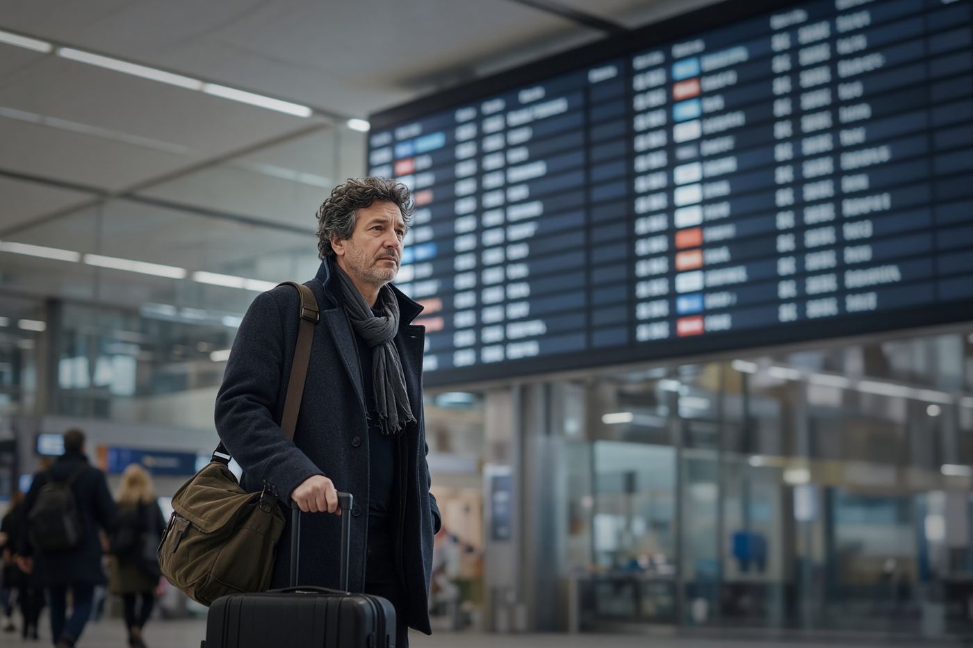 Voyageur avec une valise regardant un tableau de départs dans un aéroport européen