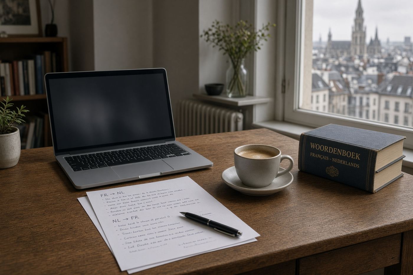 Bureau à domicile avec ordinateur portable, notes en français et tasse de café